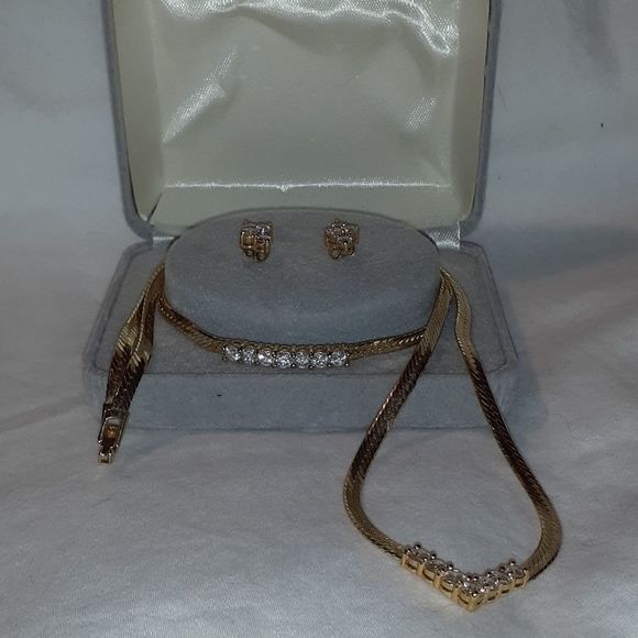 3 Piece CZ‎ Gold Necklace Bracelet Earrings Set - Picture 1 of 7